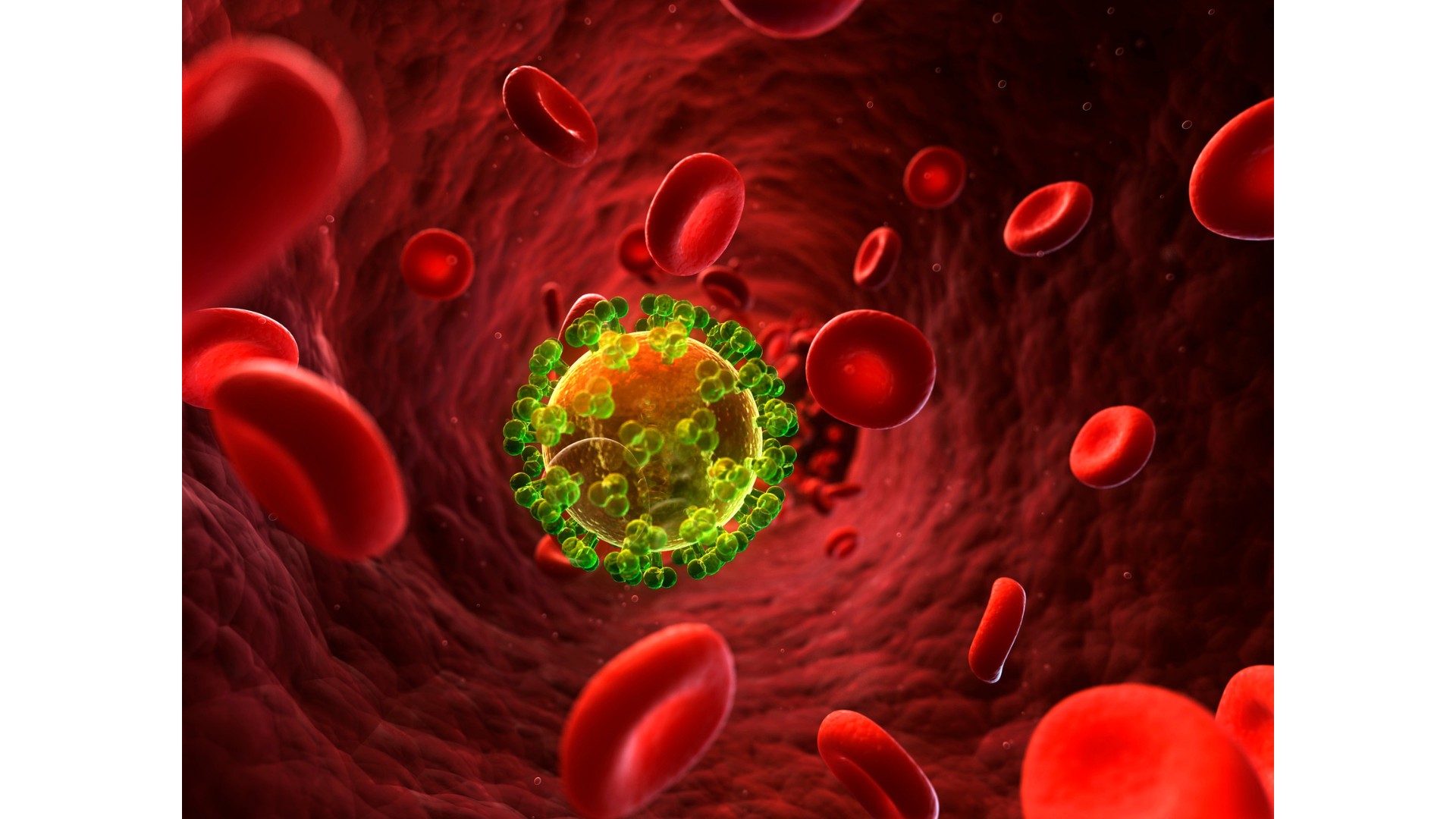 Digital illustration of an HIV virus particle among red blood cells inside a blood vessel