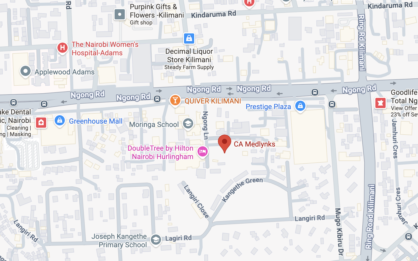 Map showing CA Medlynks location on Ngong Lane, off Ngong Road, Nairobi