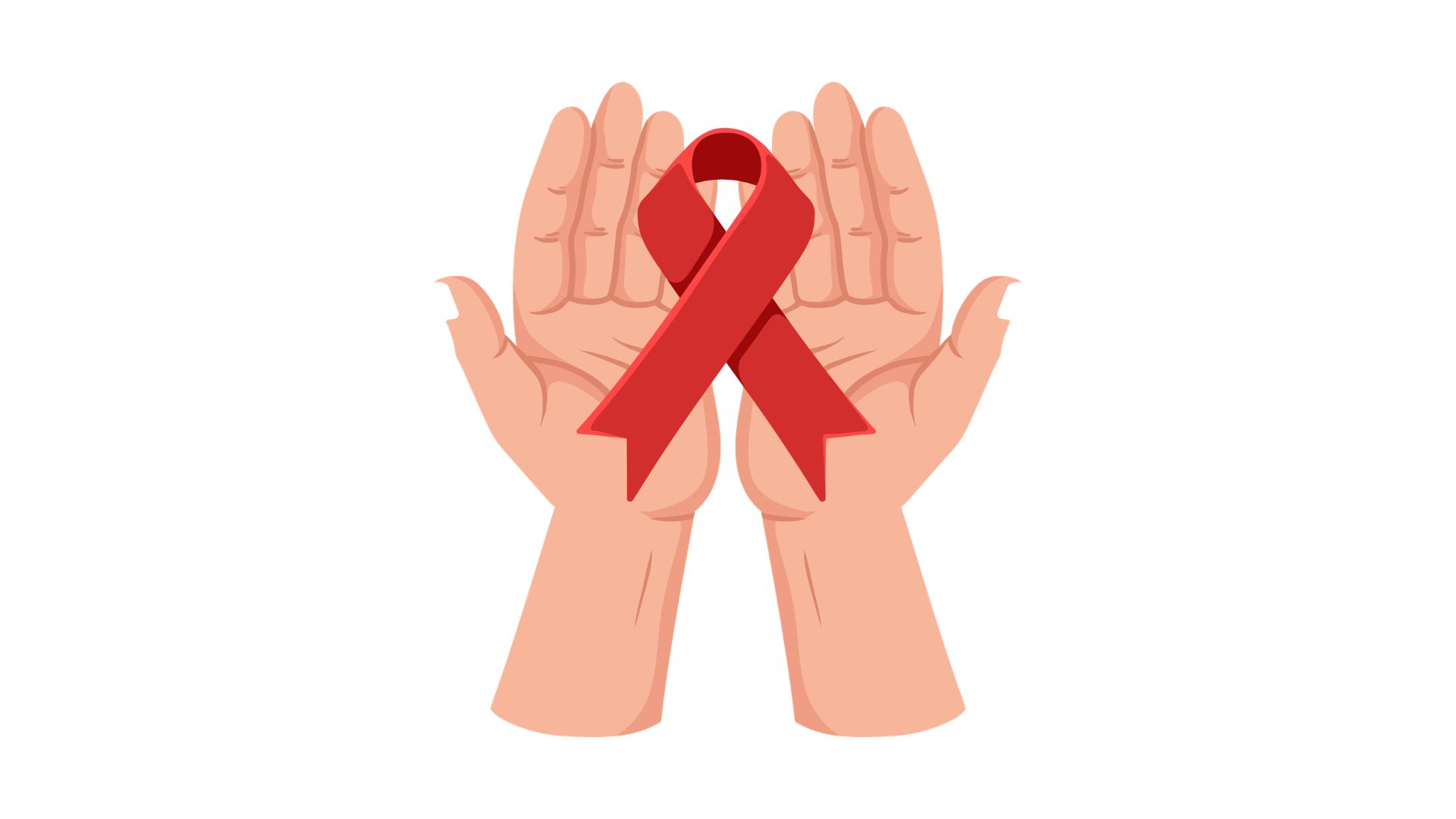Illustration of two open hands cupping a red HIV awareness ribbon